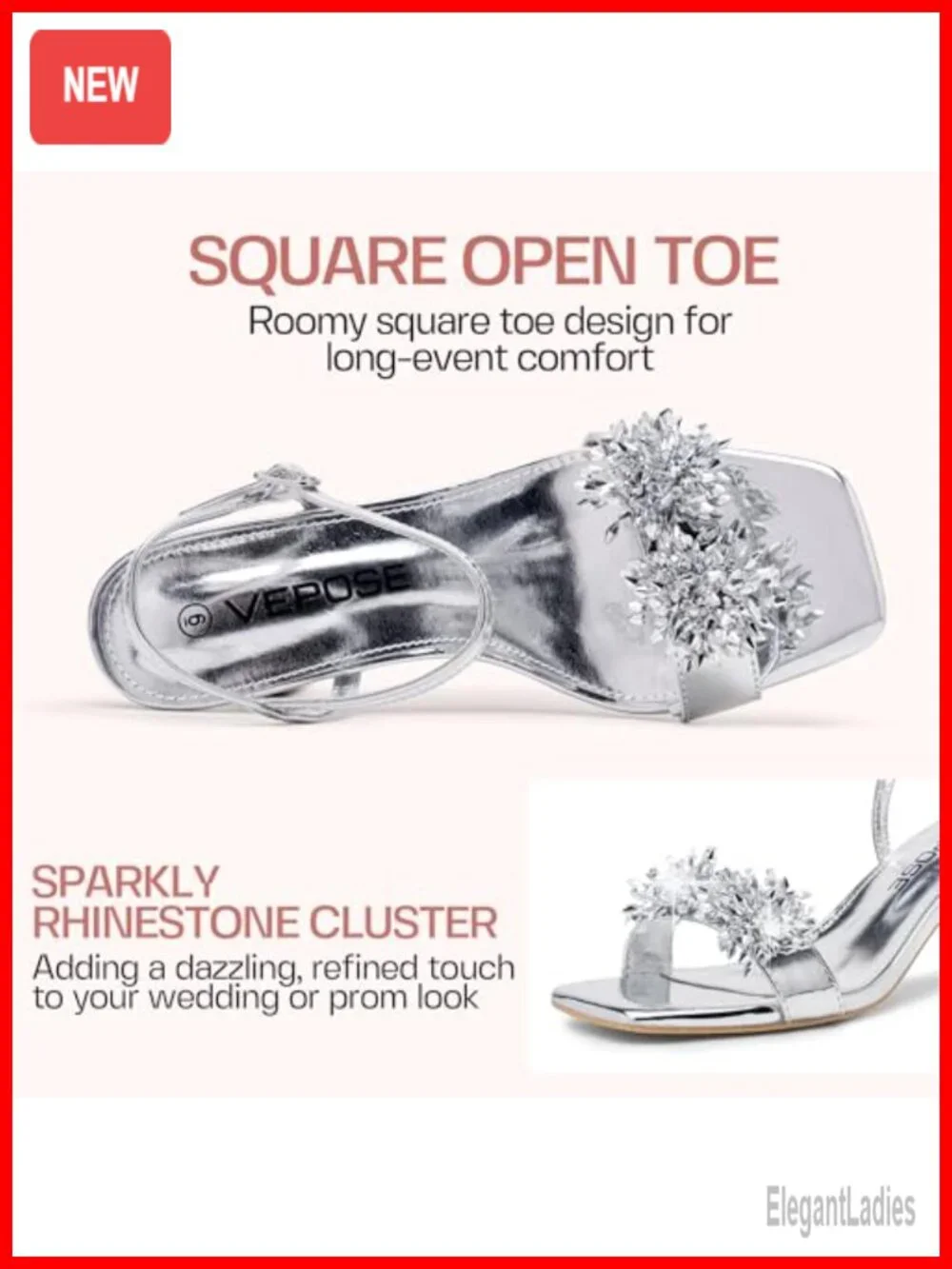 Rhinestone Kitten Heel Sandals Square Toe Ankle Strap 2.8in Heel
